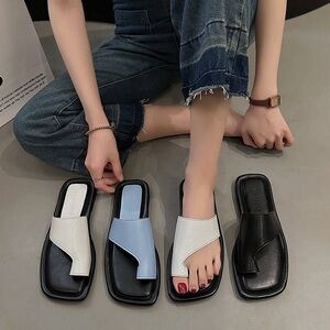 Black and White Square Toe Slide Sandals